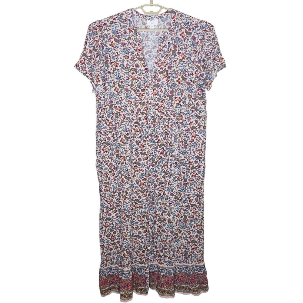 J. Jill Dress Size L Maxi Multi Floral Button Down Front Blush Pink Shirt Dress
